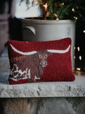 Longhorn Wool Hooked Decorative Pillow